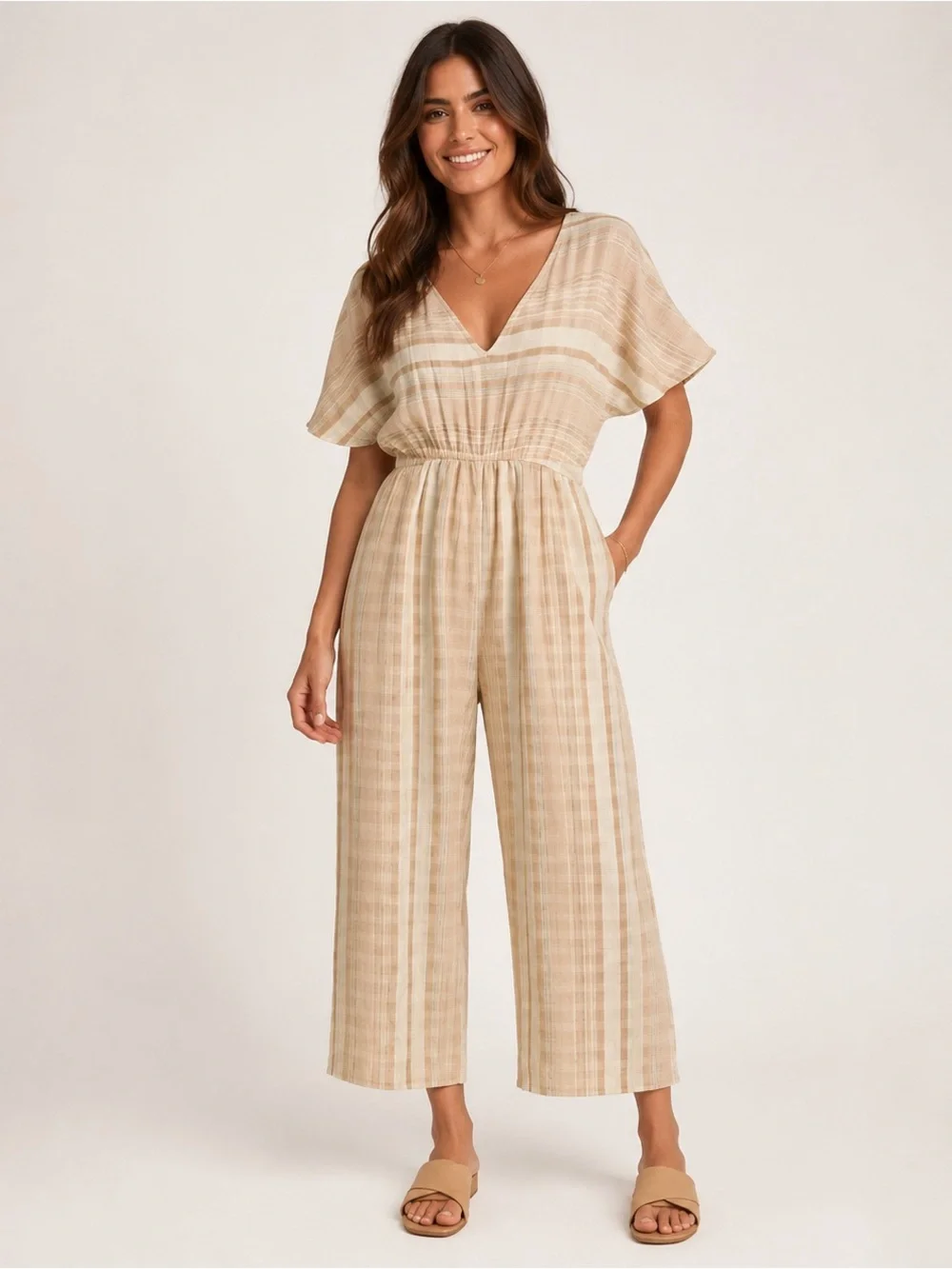 World Market Misha Ivory And Terracotta Stripe Jumpsuit With Pockets L/XL